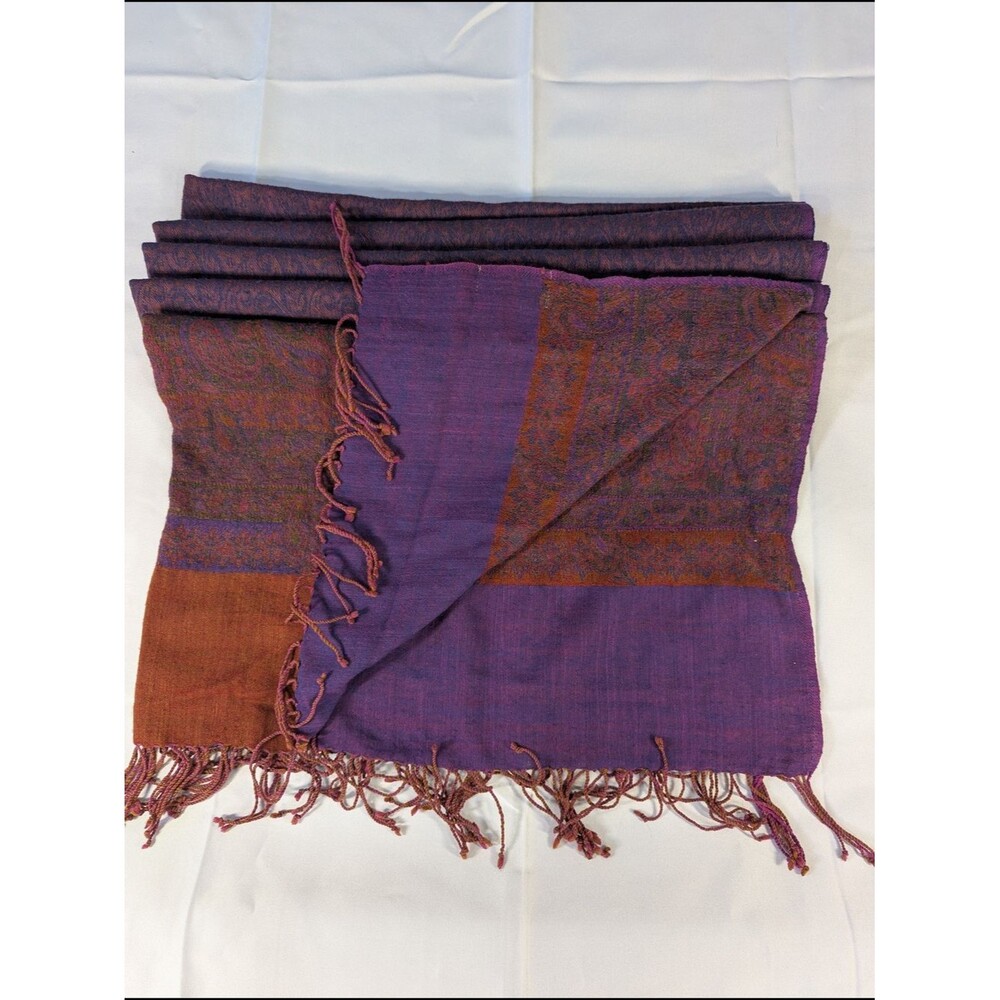 Sacred Threads Wool Paisley Shawl Wrap Purple Rust Ombre Fringe